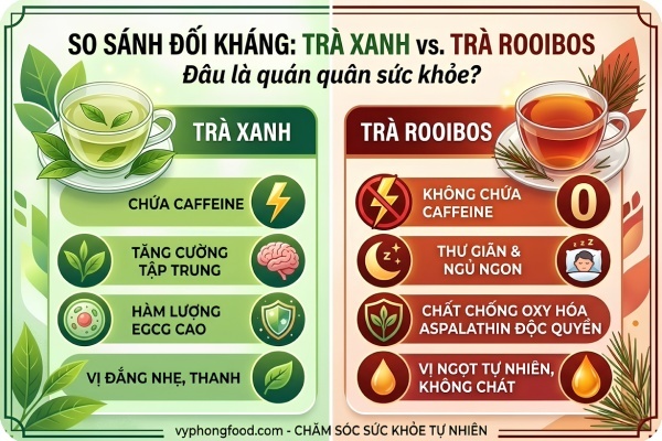 So sánh trà rooibos và trà xanh giúp giải đáp trà rooibos có tác dụng gì, minh họa hồng trà rooibos African Dawn không gây chát và giàu hàm lượng chất chống oxy hóa.