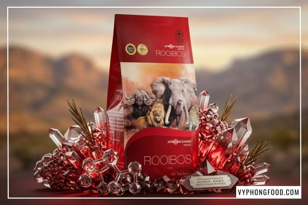 Đồ họa tổng hợp 10 lợi ích tuyệt vời trả lời cho câu hỏi trà rooibos có tác dụng gì đối với sức khỏe, nổi bật là sản phẩm hồng trà nam phi thương hiệu African Dawn.