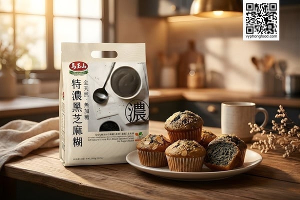 Hình ảnh không gian bếp hiện đại với sản phẩm Bột ngũ cốc dinh dưỡng không đường từ mè đen Greenmax (nhập khẩu Đài Loan). Gợi ý cách chế biến thành các món tráng miệng healthy, ít calo như: Bánh Muffin mè đen xốp mềm, Pudding mè đen núng nính và Latte mè đen đá xay giải nhiệt.