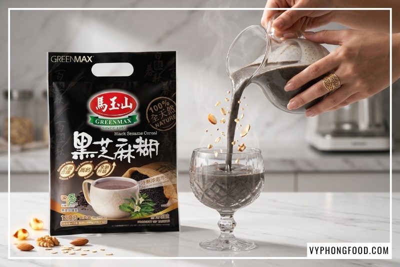 Bột ngũ cốc dinh dưỡng Greenmax béo bùi thơm ngon minh họa trực quan công dụng của bột mè đen và cách dùng bột mè đen chuẩn khoa học giúp lợi sữa, bổ máu, ngừa táo bón hiệu quả cho mẹ bầu và phụ nữ sau sinh.