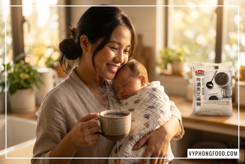 Mẹ bỉm pha bột mè đen cho phụ nữ sau sinh Greenmax giúp lợi sữa, tăng tiết sữa và phục hồi sức khỏe sau sinh hiệu quả.