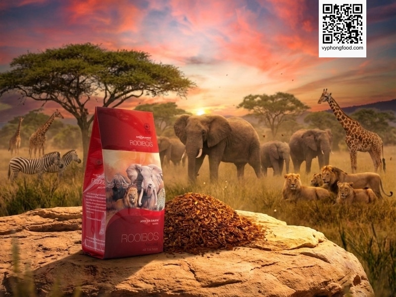 Hộp hồng trà Rooibos Nam Phi African Dawn - loại trà thảo mộc giảm cân, giảm stress không caffeine, chụp tại vùng nguyên liệu Cederberg, Nam Phi.