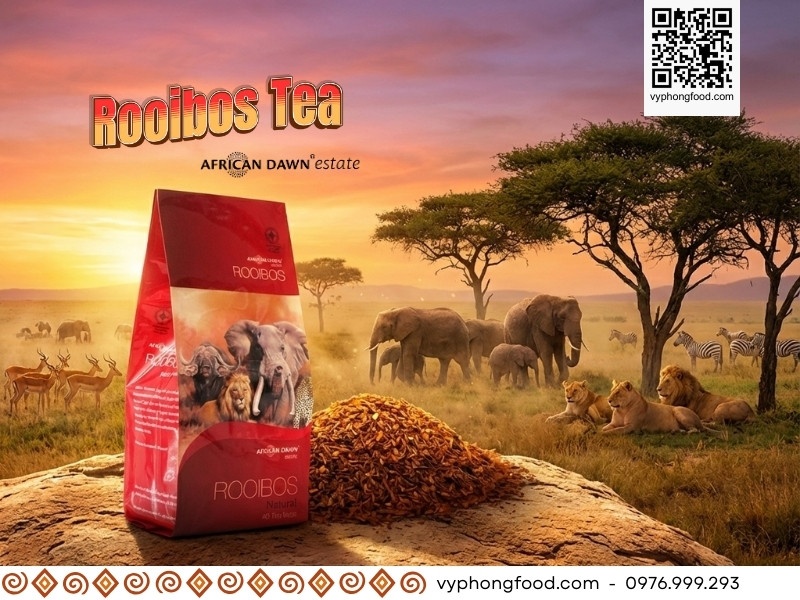 Hộp hồng trà Rooibos Nam Phi African Dawn - loại trà thảo mộc giảm cân, giảm stress không caffeine, chụp tại vùng nguyên liệu Cederberg, Nam Phi.