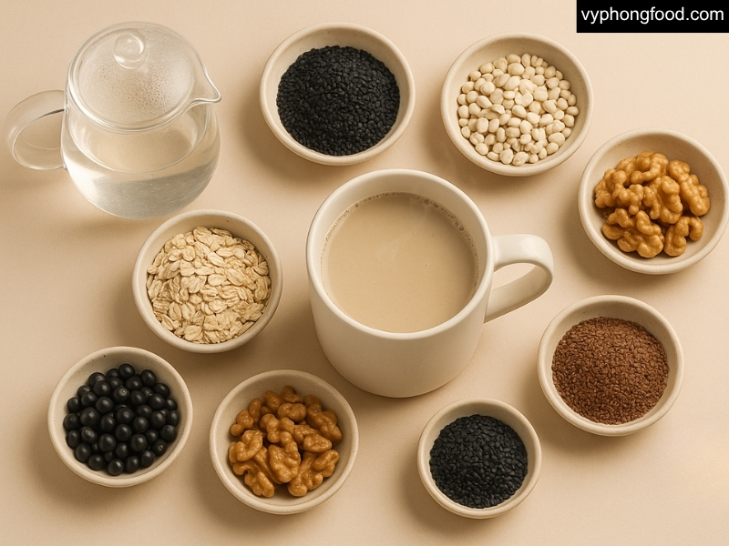Mẹ bầu pha bột ngũ cốc dinh dưỡng ấm trong bếp, bày yến mạch; gạo lứt; đậu đen; mè đen; hạt ý dĩ; hạt lanh; óc chó - minh họa cho câu hỏi “bầu uống ngũ cốc được không” và cách chọn ngũ cốc nguyên cám, ít đường.