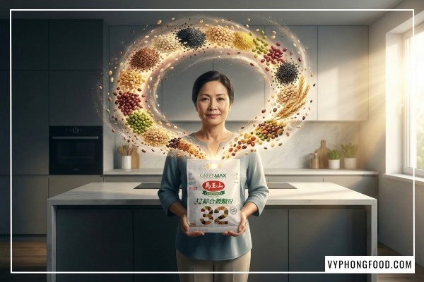 Hình ảnh bột ngũ cốc dinh dưỡng giảm cân Greenmax 32 loại hạt giàu chất xơ và Omega-3 thực vật hỗ trợ ăn kiêng hiệu quả.