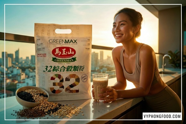 Hình ảnh bột ngũ cốc dinh dưỡng giảm cân Greenmax 32 loại hạt giàu chất xơ và Omega-3 thực vật hỗ trợ ăn kiêng hiệu quả.
