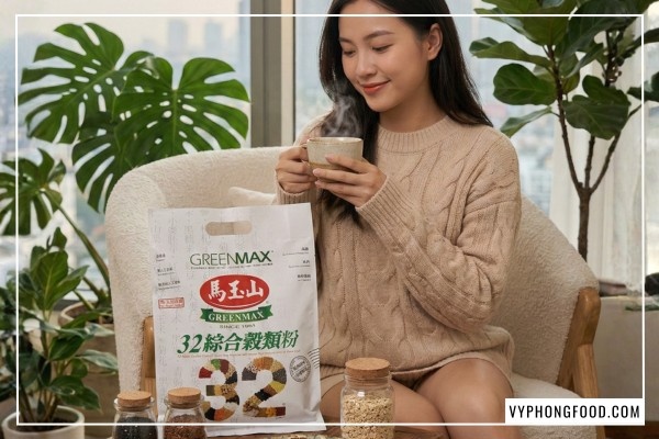 Hình ảnh bột ngũ cốc dinh dưỡng giảm cân Greenmax 32 loại hạt giàu chất xơ và Omega-3 thực vật hỗ trợ ăn kiêng hiệu quả.