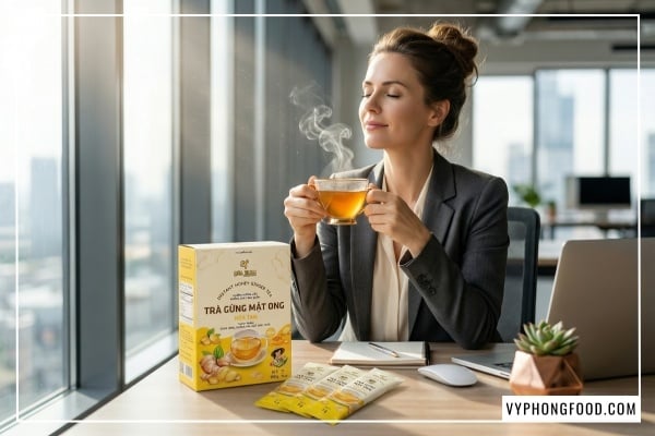 Khám phá công dụng của trà gừng với mật ong QNA Farm giúp xóa tan cảm giác đầy hơi, khó tiêu cho dân văn phòng ngồi nhiều. Sản phẩm từ gừng sẻ Tiên Phước nguyên chất.