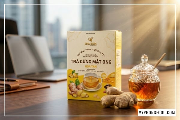 Khám phá công dụng của trà gừng với mật ong QNA Farm giúp xóa tan cảm giác đầy hơi, khó tiêu cho dân văn phòng ngồi nhiều. Sản phẩm từ gừng sẻ Tiên Phước nguyên chất.