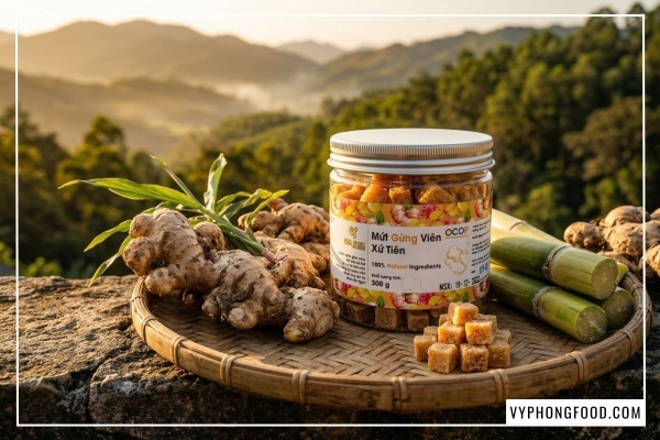 Viên mứt gừng viên xứ Tiên vuông vức vàng ươm làm từ gừng sẻ núi Tiên Phước.