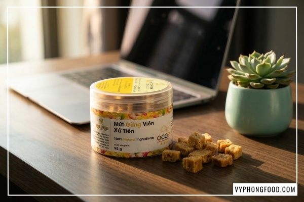 Viên mứt gừng viên xứ Tiên vuông vức vàng ươm làm từ gừng sẻ núi Tiên Phước.