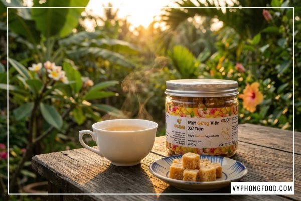 Viên mứt gừng viên xứ Tiên vuông vức vàng ươm làm từ gừng sẻ núi Tiên Phước.