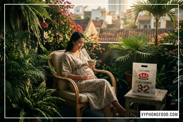 Hình ảnh mẹ bầu sử dụng bột ngũ cốc dinh dưỡng giảm cân Greenmax để kiểm soát cân nặng và bổ sung dinh dưỡng thai kỳ an toàn