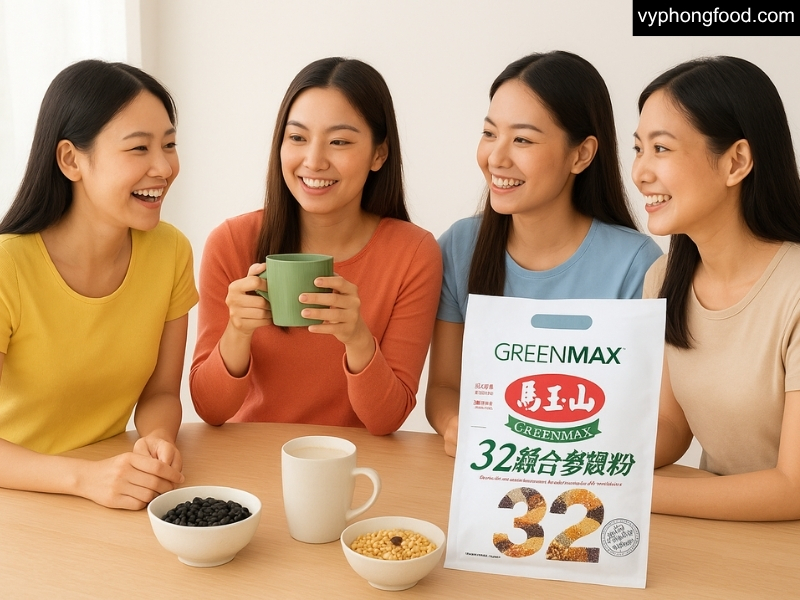Ly bột ngũ cốc dinh dưỡng GREENMAX Đài Loan pha nóng cạnh bát hạt đậu nành đen và diêm mạch, gợi ý bữa sáng ăn chay đủ dinh dưỡng cho phụ nữ Việt.