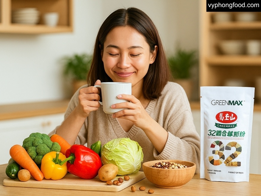 Ly bột ngũ cốc dinh dưỡng GREENMAX Đài Loan pha nóng cạnh bát hạt đậu nành đen và diêm mạch, gợi ý bữa sáng ăn chay đủ dinh dưỡng cho phụ nữ Việt.