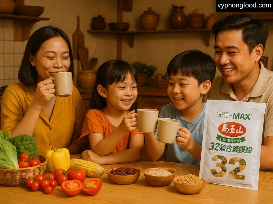 Ly bột ngũ cốc dinh dưỡng GREENMAX Đài Loan pha nóng cạnh bát hạt đậu nành đen và diêm mạch, gợi ý bữa sáng ăn chay đủ dinh dưỡng cho phụ nữ Việt.