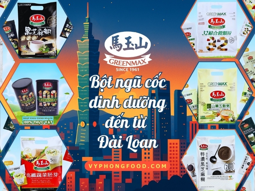 Ly bột ngũ cốc dinh dưỡng GREENMAX Đài Loan pha nóng cạnh bát hạt đậu nành đen và diêm mạch, gợi ý bữa sáng ăn chay đủ dinh dưỡng cho phụ nữ Việt.