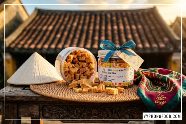 Hũ Mứt Gừng Viên Xứ Tiên QNA Farm đặc sản Quảng Nam làm từ gừng sẻ núi thơm cay nồng nàn