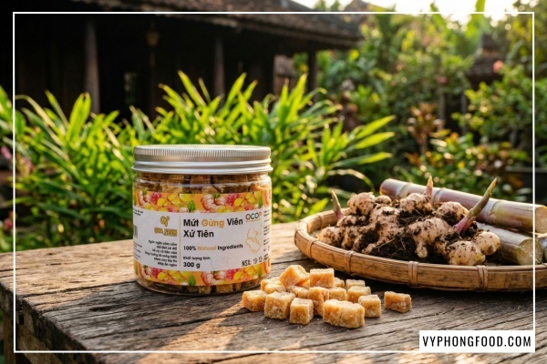 Hũ Mứt Gừng Viên Xứ Tiên QNA Farm đặc sản Quảng Nam làm từ gừng sẻ núi thơm cay nồng nàn