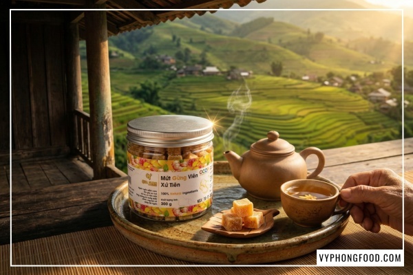 Hũ Mứt Gừng Viên Xứ Tiên QNA Farm đặc sản Quảng Nam làm từ gừng sẻ núi thơm cay nồng nàn