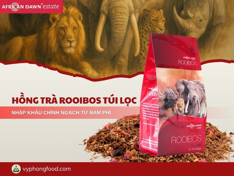 Ảnh minh họa Hồng trà rooibos Nam Phi túi lọc, trà thảo mộc không caffeine, ít tannin, giàu chất chống oxy hóa, hỗ trợ giấc ngủ, sức khỏe tim mạch và kiểm soát đường huyết.