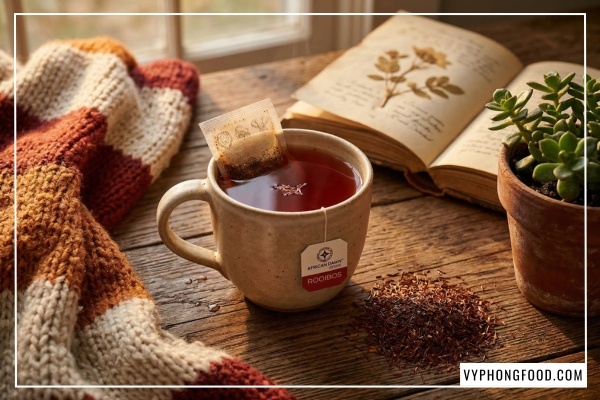 Hình ảnh ly hồng trà Rooibos Nam Phi ấm nóng giúp tinh thần tỉnh táo và tràn đầy năng lượng, sản phẩm trà thảo mộc túi lọc thương hiệu African Dawn.