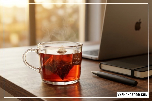 Hình ảnh ly hồng trà Rooibos Nam Phi ấm nóng giúp tinh thần tỉnh táo và tràn đầy năng lượng, sản phẩm trà thảo mộc túi lọc thương hiệu African Dawn.