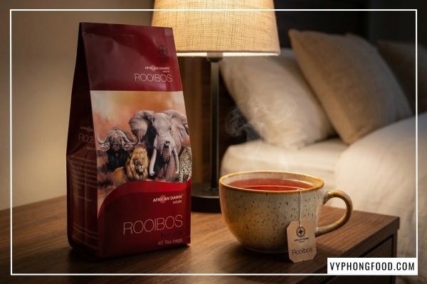 Hình ảnh ly hồng trà Rooibos Nam Phi ấm nóng giúp tinh thần tỉnh táo và tràn đầy năng lượng, sản phẩm trà thảo mộc túi lọc thương hiệu African Dawn.