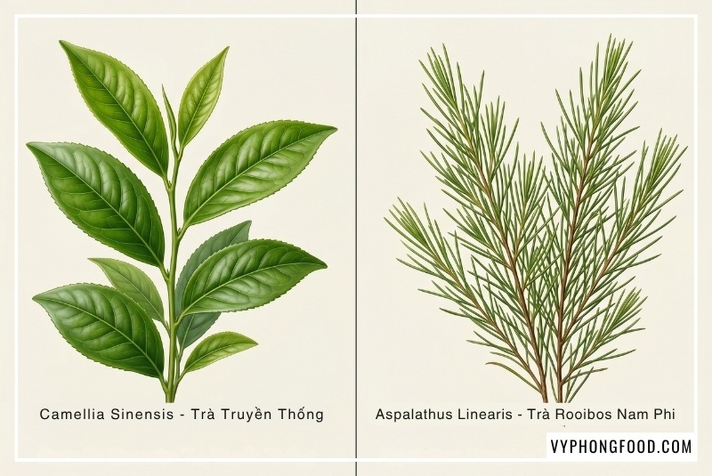 so sánh thành phần hóa sinh trực quan giữa hồng trà rooibos Nam Phi tự nhiên không chứa caffeine, lượng tannin thấp với hồng trà truyền thống, giúp người tiêu dùng phân biệt chính xác dòng trà thảo mộc lành mạnh cho trẻ nhỏ và người lớn tại website vyphongfood.com.