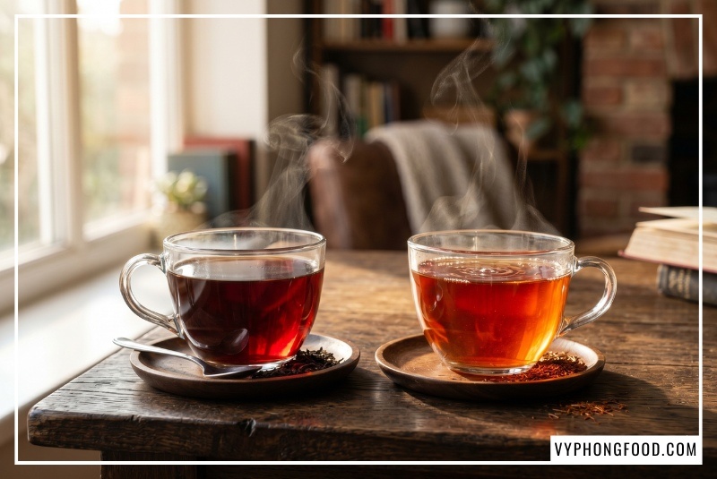 so sánh thành phần hóa sinh trực quan giữa hồng trà rooibos Nam Phi tự nhiên không chứa caffeine, lượng tannin thấp với hồng trà truyền thống, giúp người tiêu dùng phân biệt chính xác dòng trà thảo mộc lành mạnh cho trẻ nhỏ và người lớn tại website vyphongfood.com.
