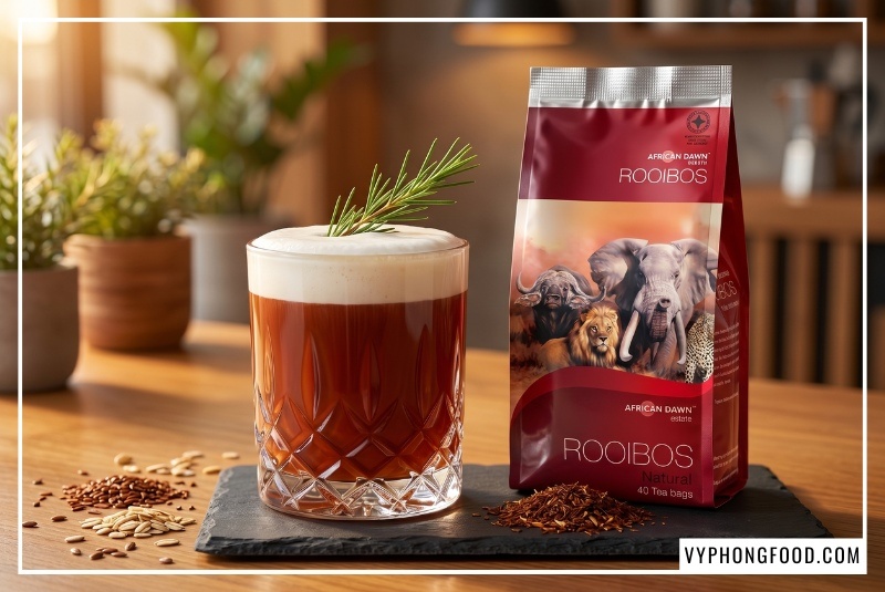 so sánh thành phần hóa sinh trực quan giữa hồng trà rooibos Nam Phi tự nhiên không chứa caffeine, lượng tannin thấp với hồng trà truyền thống, giúp người tiêu dùng phân biệt chính xác dòng trà thảo mộc lành mạnh cho trẻ nhỏ và người lớn tại website vyphongfood.com.