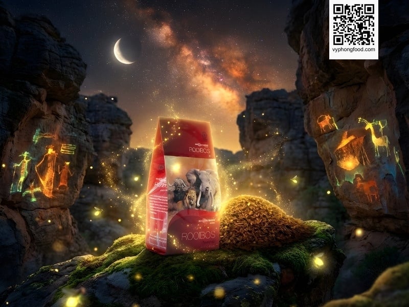 Túi trà thảo mộc giảm cân Rooibos Nam Phi African Dawn trên nền núi đá Cederberg - Giải pháp trị mất ngủ tự nhiên không caffeine.