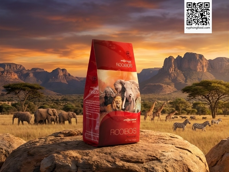 Túi trà thảo mộc giảm cân Rooibos Nam Phi African Dawn trên nền núi đá Cederberg - Giải pháp trị mất ngủ tự nhiên không caffeine.