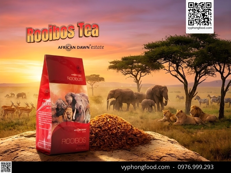 Túi trà thảo mộc giảm cân Rooibos Nam Phi African Dawn trên nền núi đá Cederberg - Giải pháp trị mất ngủ tự nhiên không caffeine.