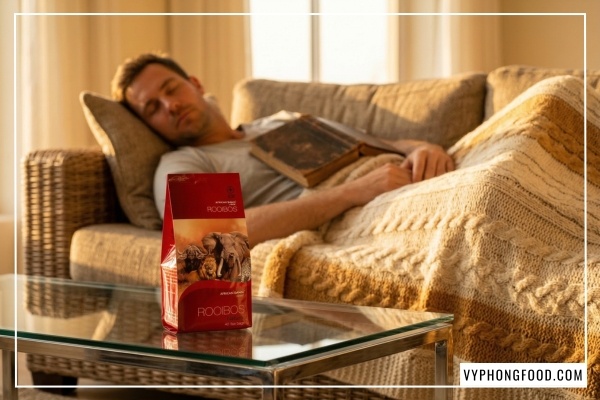 Hình ảnh tách hồng trà Rooibos Nam Phi African Dawn thơm ngon, giải pháp trà dễ ngủ và giảm căng thẳng với trà thảo mộc hiệu quả cho người bận rộn.