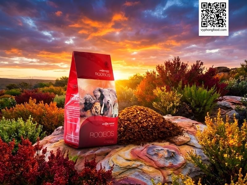 Hồng trà Rooibos Nam Phi dạng túi lọc thương hiệu African Dawn trên nền vùng núi Cederberg, minh họa cho công dụng của trà thảo mộc giúp trẻ hóa da và giảm căng thẳng.