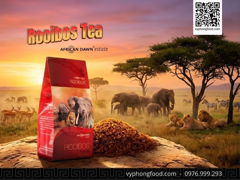 Hồng trà Rooibos Nam Phi dạng túi lọc thương hiệu African Dawn trên nền vùng núi Cederberg, minh họa cho công dụng của trà thảo mộc giúp trẻ hóa da và giảm căng thẳng.