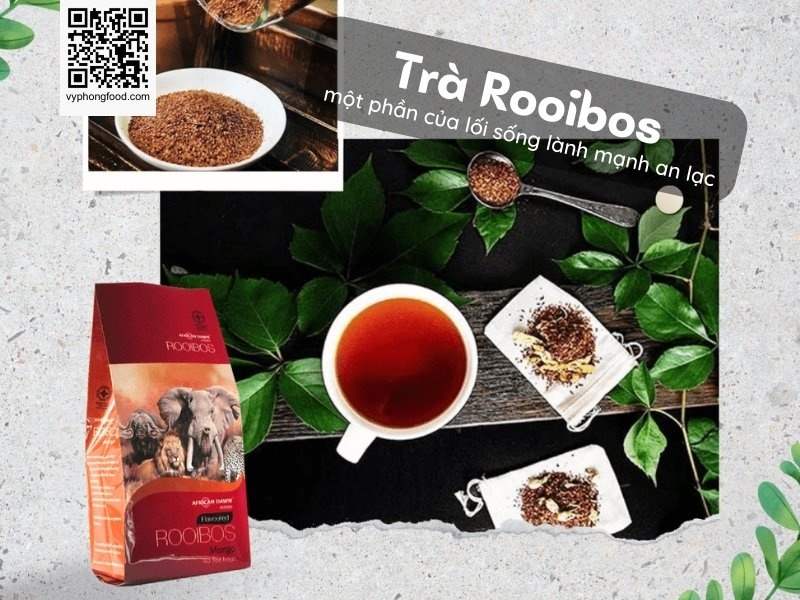 Hộp Hồng trà Rooibos Nam Phi túi lọc thương hiệu African Dawn đặt trên nền thiên nhiên vùng núi Cederberg - Trà thảo mộc giúp ngủ ngon tự nhiên.