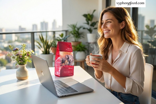 Sản phẩm hồng trà rooibos Nam Phi African Dawn dạng túi lọc giúp hỗ trợ giảm cân, đẹp da và giảm căng thẳng hiệu quả cho phụ nữ văn phòng.