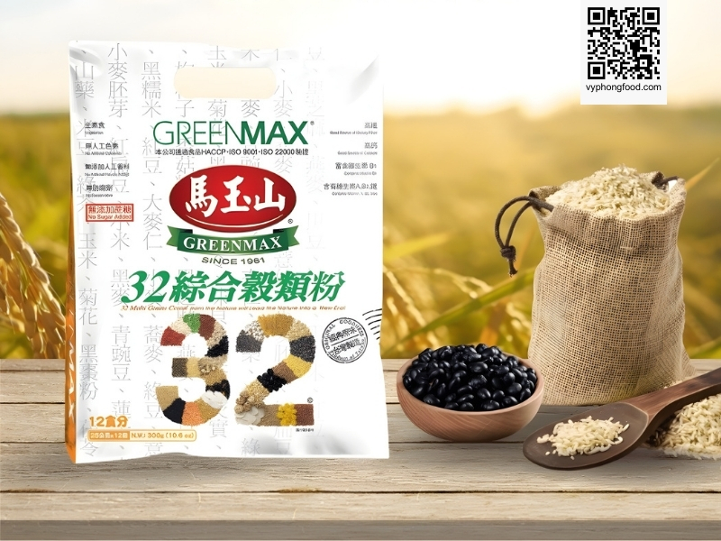 Hình ảnh bột ngũ cốc dinh dưỡng không đường giúp giảm cân thương hiệu GREENMAX Đài Loan, công thức ít calo, giàu chất xơ, phù hợp người ăn kiêng và kiểm soát cân nặng.