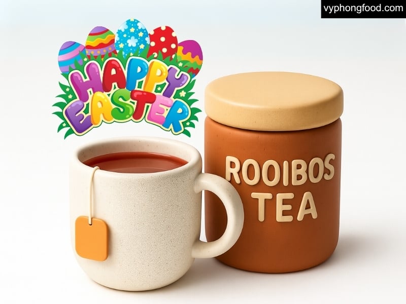 Festive Easter spread featuring South African Rooibos Tea in African Dawn teabags beside carrot cake, hot cross buns, and a chocolate latte—caffeine-free herbal tea, sleep-friendly, family-approved.