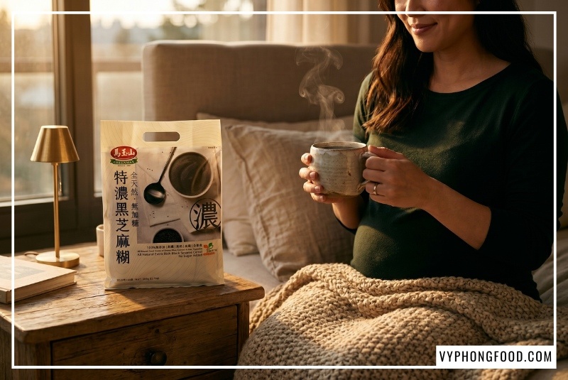 Mẹ bầu thưởng thức ly bột ngũ cốc dinh dưỡng từ mè đen Greenmax ấm nóng trước khi ngủ để phát huy công dụng của bột mè đen giúp an thần, ngủ ngon và giúp bổ máu trong thai kỳ.