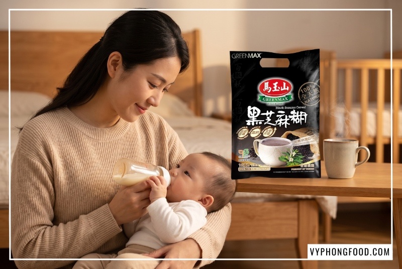 Hướng dẫn cách dùng bột mè đen lợi sữa cho phụ nữ sau sinh cùng bột ngũ cốc dinh dưỡng từ mè đen và các loại hạt Greenmax Đài Loan giúp sữa đặc sánh, thơm ngậy.