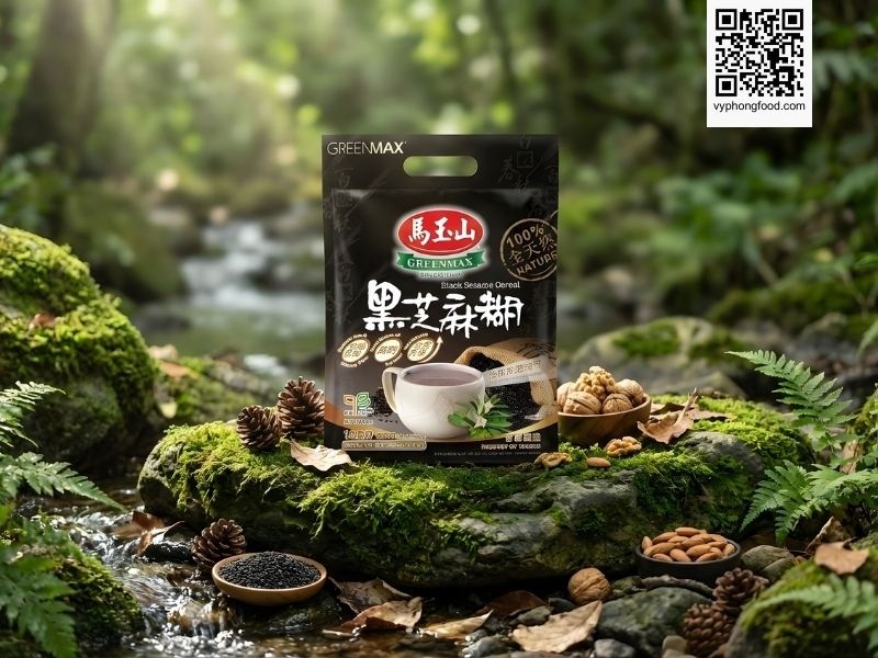 Bột ngũ cốc dinh dưỡng từ mè đen và các loại hạt Greenmax Đài Loan chính hãng trên nền thiên nhiên, hỗ trợ làm đẹp da và tóc.