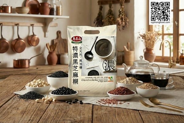 Bột ngũ cốc dinh dưỡng không đường từ mè đen và các loại hạt Greenmax Đài Loan chính hãng trên nền thiên nhiên, sản phẩm không đường tốt cho người tiểu đường và ăn kiêng Keto.