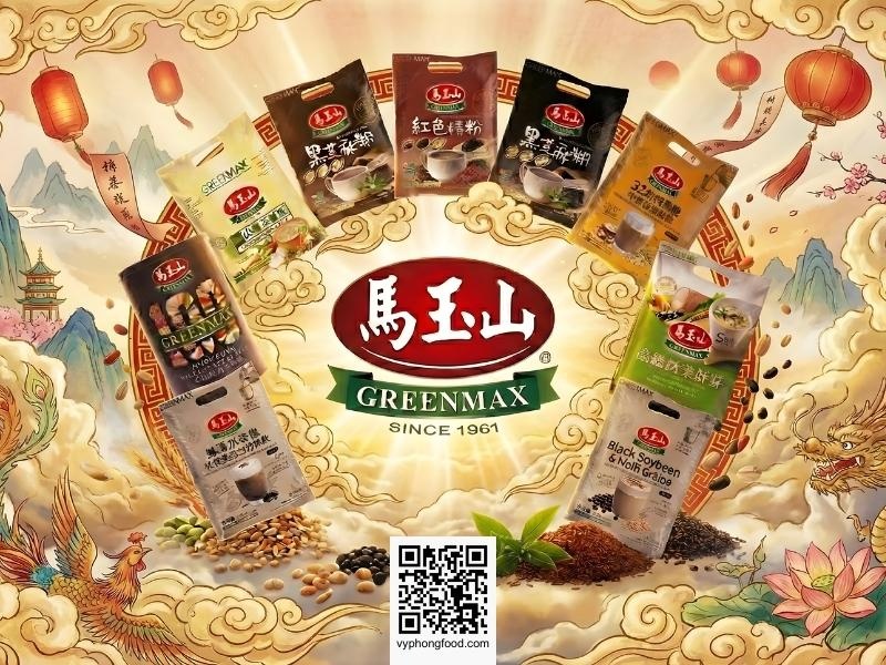 Bột ngũ cốc dinh dưỡng từ mè đen và các loại hạt Greenmax Đài Loan chính hãng trên nền thiên nhiên, hỗ trợ làm đẹp da và tóc.