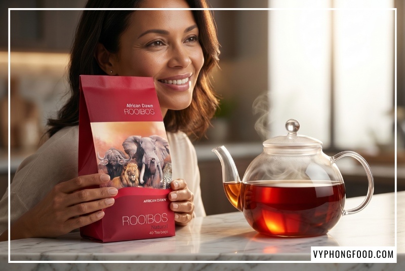Ly trà rooibos nam phi túi lọc African Dawn thơm ấm giúp giảm cholesterol xấu và bảo vệ hệ tim mạch bền vững theo nghiên cứu lâm sàng của Đại học CPUT được phân phối chính hãng bởi Vy Phong Food.