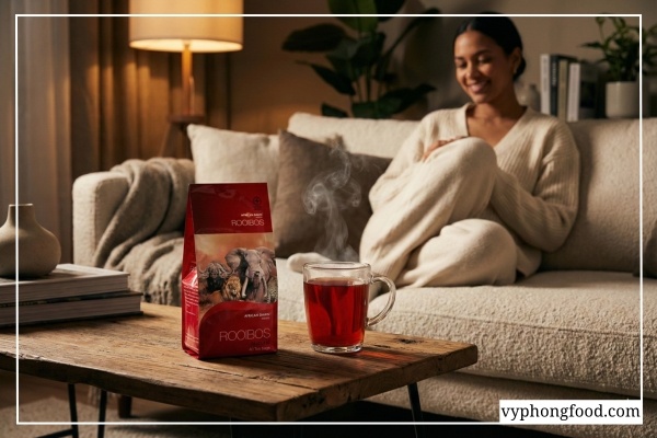 Ly hồng trà rooibos Nam Phi màu đỏ hổ phách giàu chất chống oxy hóa aspalathin giúp dễ ngủ và tốt cho tiêu hóa.