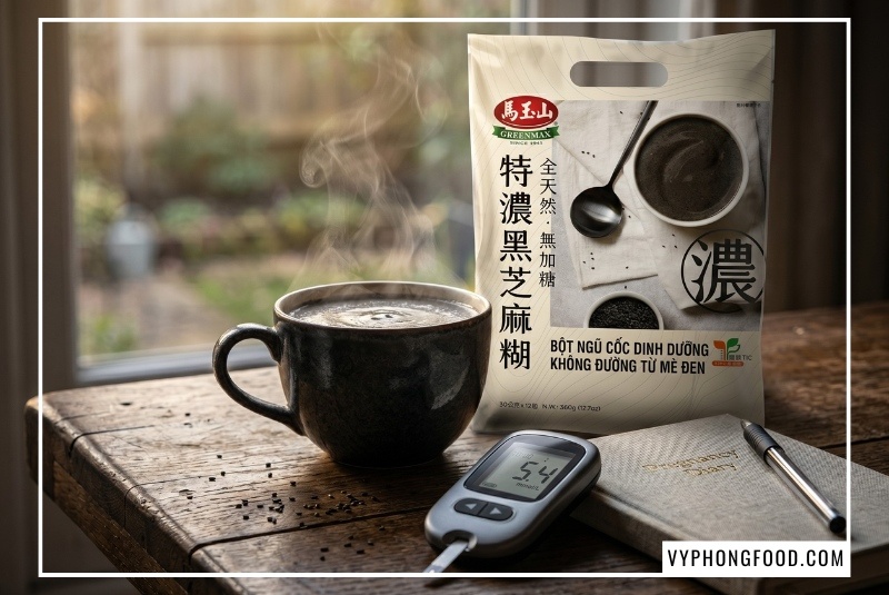 Bột mè đen cho mẹ bầu bị tiểu đường thai kỳ giúp bổ máu và kiểm soát đường huyết hiệu quả - Gói bột ngũ cốc dinh dưỡng không đường từ mè đen Greenmax Đài Loan chính hãng nhập khẩu chính ngạch bởi Vy Phong Food.