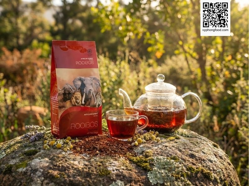 Gói Hồng trà Rooibos Nam Phi African Dawn trên nền đồi núi Cederberg, minh họa cho công dụng của trà thảo mộc trong việc hỗ trợ giảm cân và detox cơ thể.